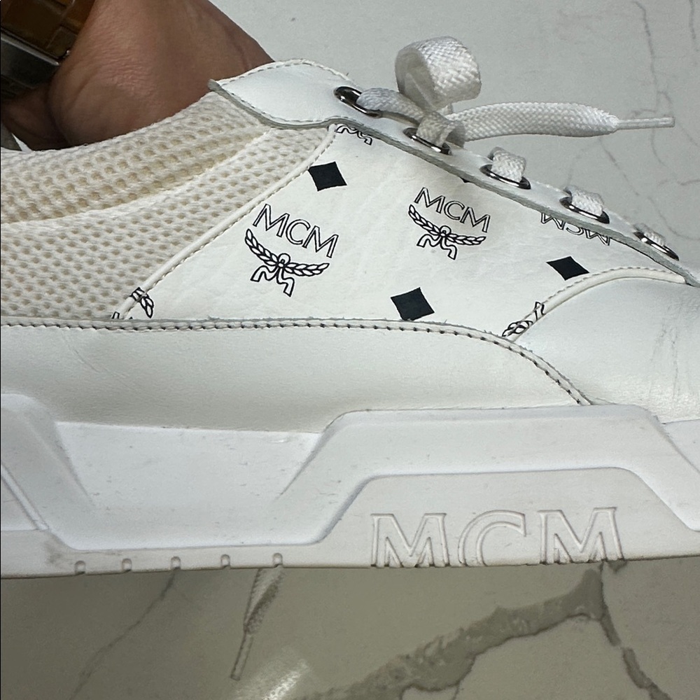 MCM Skyward Low-top Basketball Sneakers White Visetos Leather EU 43 US 10 - Picture 6 of 14